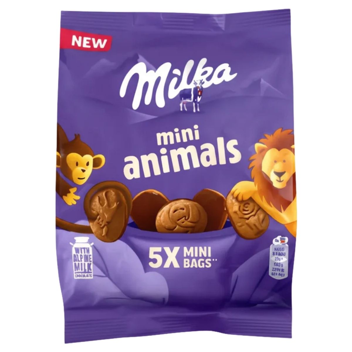 A Milka - Mini Animal Cookies 99.5g pack features cute monkey and lion illustrations, showing animal-shaped chocolate biscuits, with "5x mini bags" text on the purple packaging.