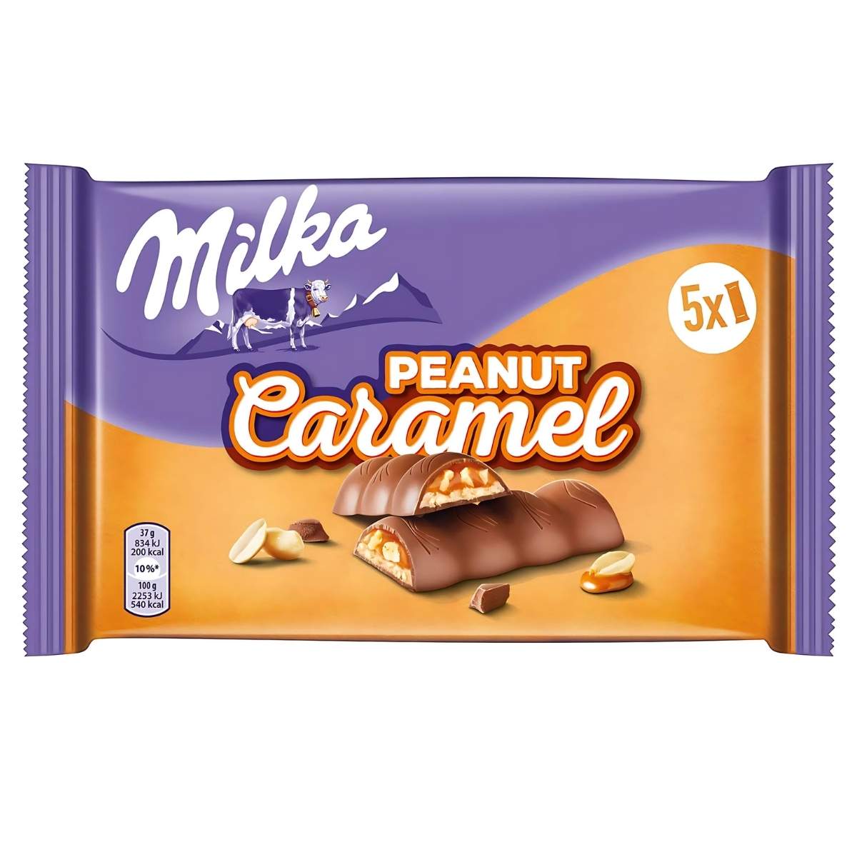 The Milka - Peanut & Caramel - 5x37g wrapper showcases chocolate pieces filled with caramel and peanuts, in a striking purple and orange package.