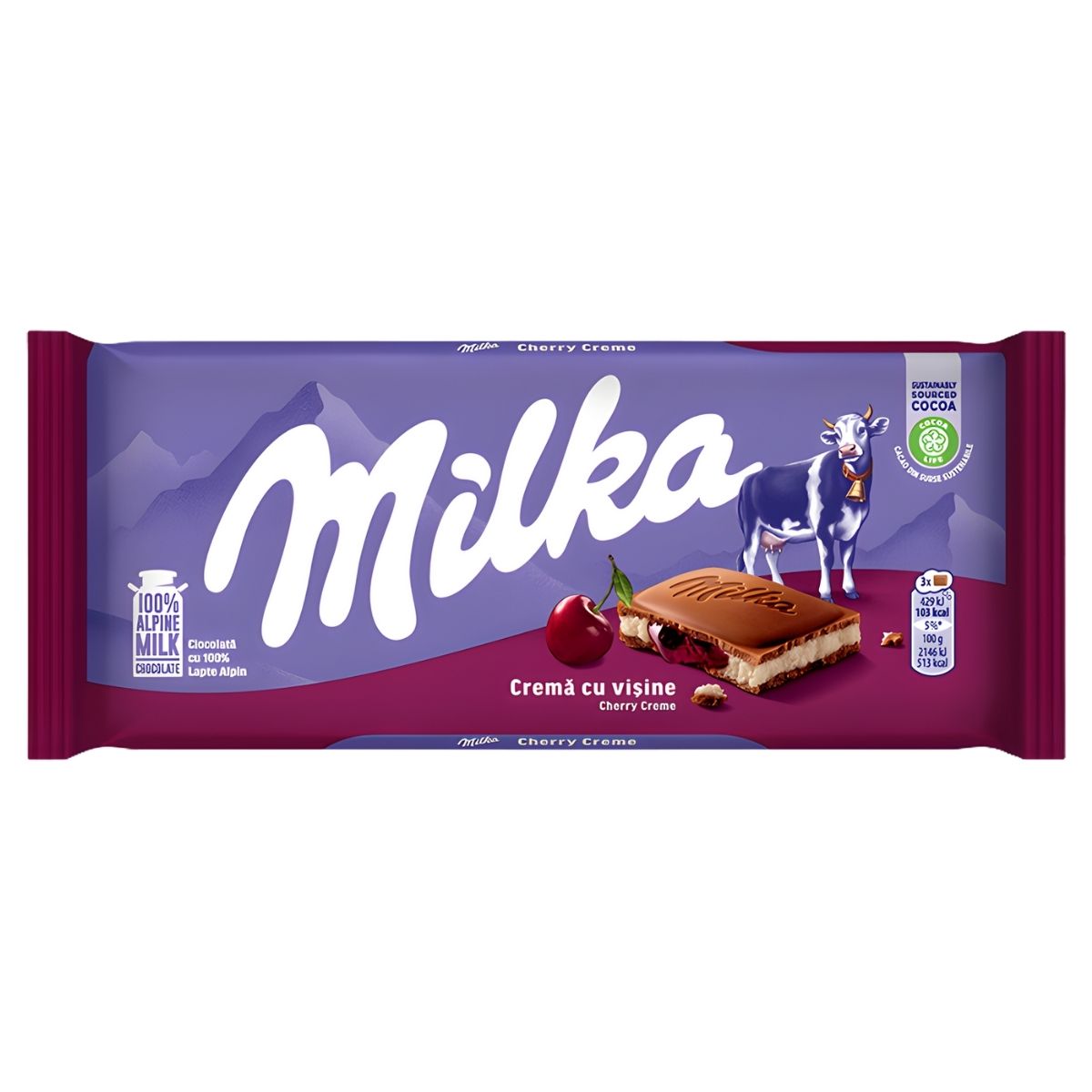 Milka - Sour Cherry Cream Flavoured Chocolate Bar (100g) blends Alpine milk chocolate with sour cherry cream filling, featuring cherries, a chocolate piece, and cow on purple mountain-themed packaging. Brand: Milka.