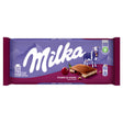 Milka - Sour Cherry Cream Flavoured Chocolate Bar (100g) blends Alpine milk chocolate with sour cherry cream filling, featuring cherries, a chocolate piece, and cow on purple mountain-themed packaging. Brand: Milka.