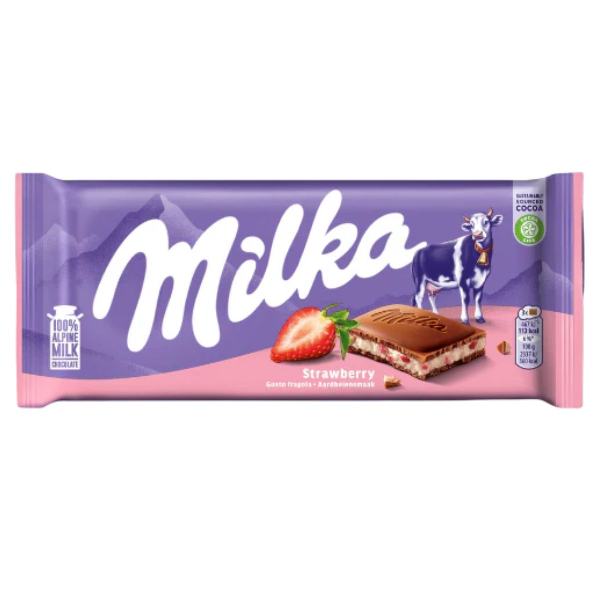 Milka - Strawberry Milk Chocolate - 100g features a purple wrapper adorned with images of a cow and strawberries, along with branding and eco-friendly certification logos.