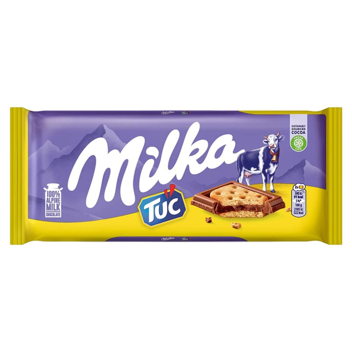 The packaging of the Milka - Tuc Chocolate Biscuit - 87g showcases a cow, mountains, and a biscuit against a purple and yellow backdrop.