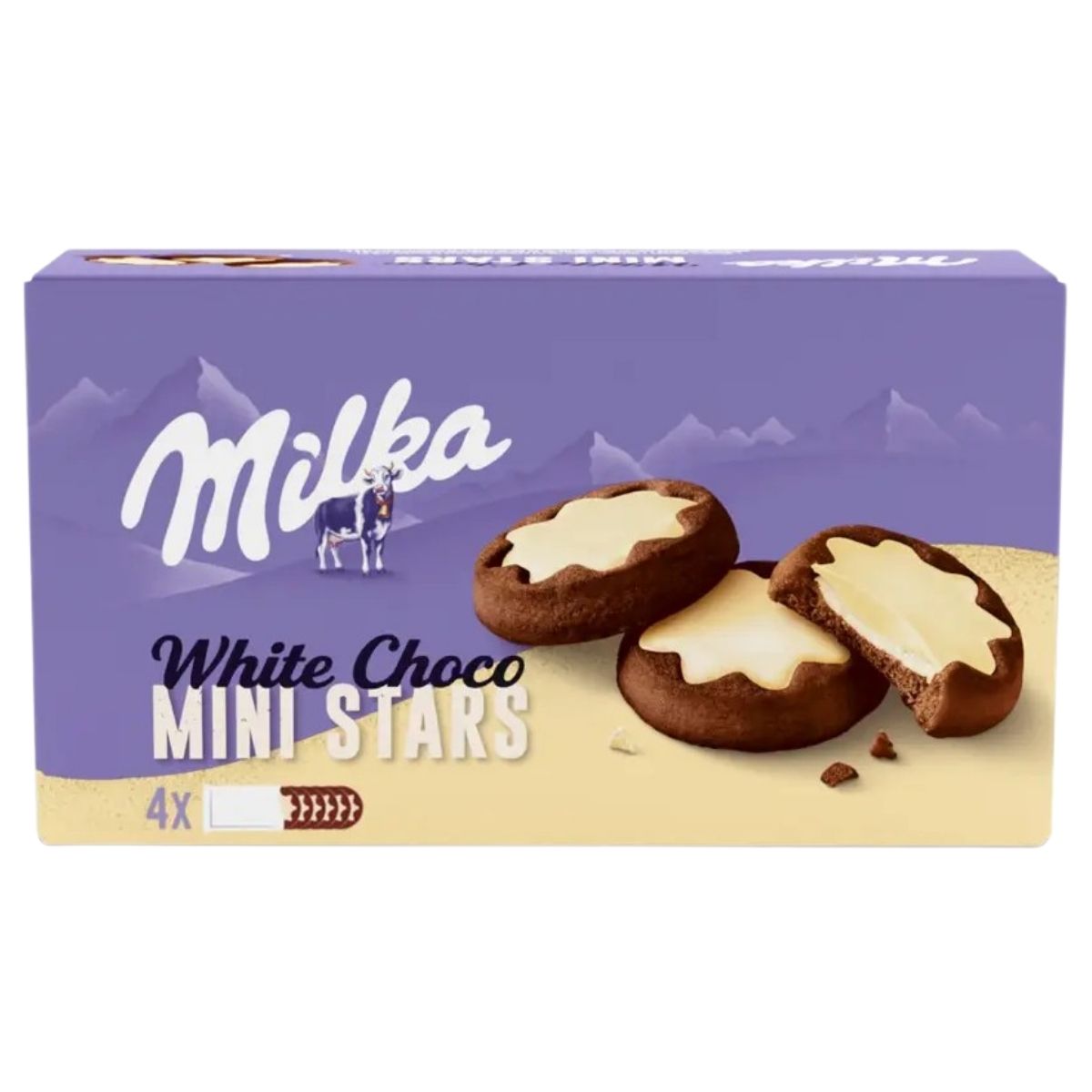 Box of Milka White Choco Mini Stars on a white background