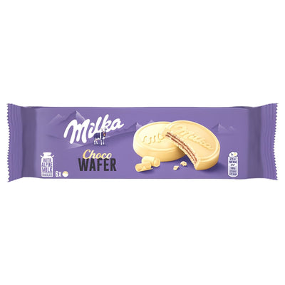 Milka White Choco Wafer 180g features creamy white chocolate-covered wafers with rich cocoa filling, presented in Milka’s signature purple packaging displaying tempting images of the wafer layers.