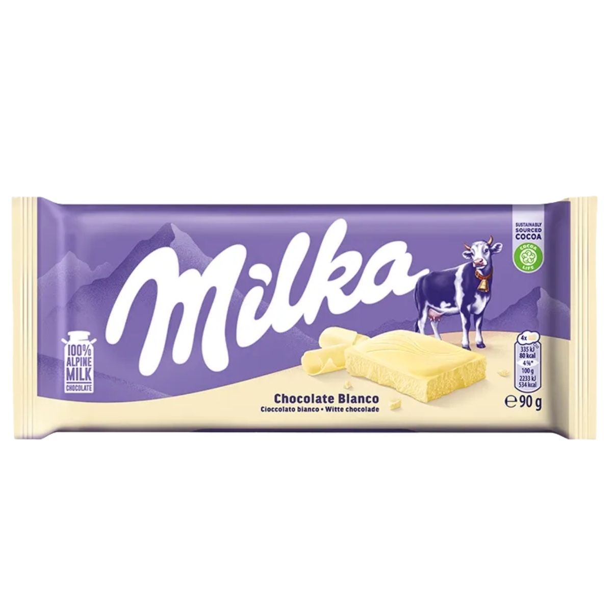 A 90g Milka White Chocolate Bar in a purple wrapper with a cow, mountain scene, and white chocolate pieces on the front.