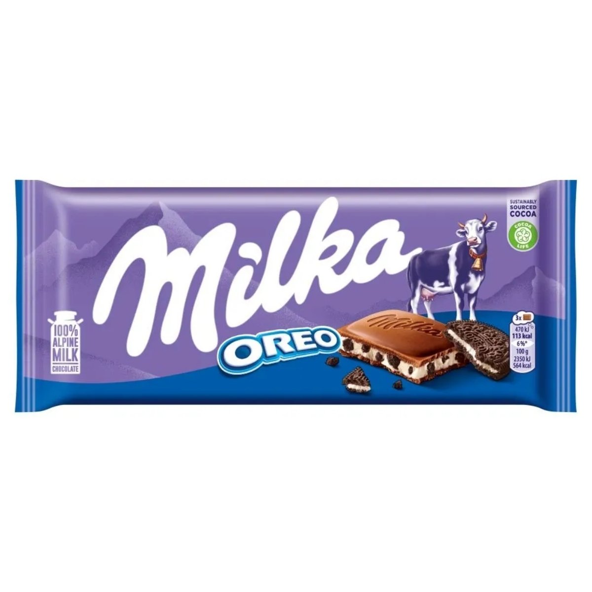 The 100g Milka - Oreo Milk Chocolate Bar package boasts a stunning purple backdrop with delicious milk chocolate and irresistible Oreo cookie filling, completed by a charming cow and mountain illustration.