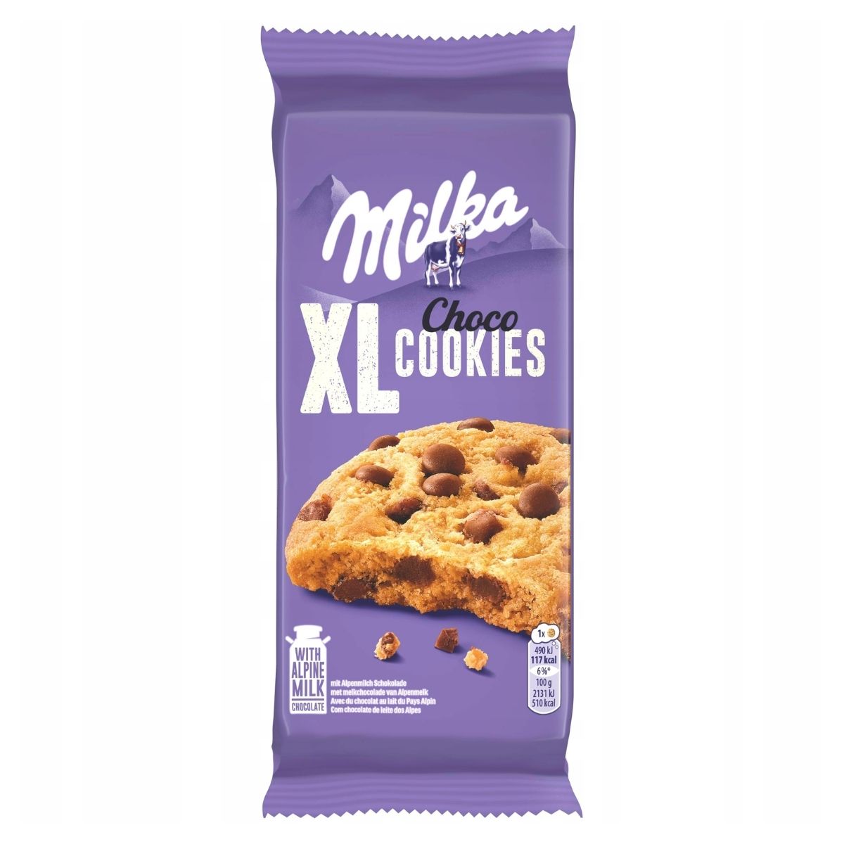 A pack of XL Milka Cookies with Chocolate Chips, featuring a purple design that highlights the ultimate chocolate chip cookie image.