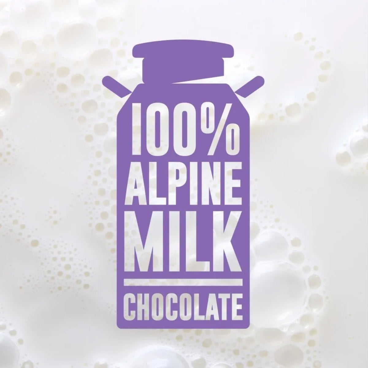 A graphic of a milk bottle silhouette with "100% Alpine Milk Chocolate" appears over a white, bubbly background, evoking classic European biscuits—featured on the Milka Choco Cow Biscuit 120g by Milka.