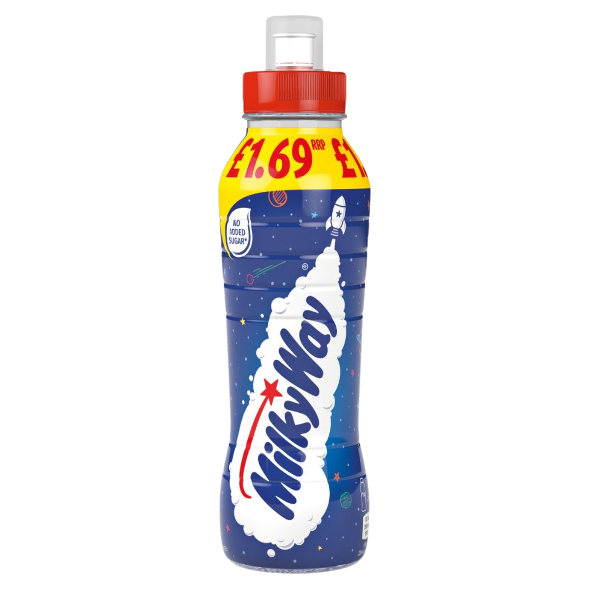 Milky Way bottle with red cap and space-themed design on a white background