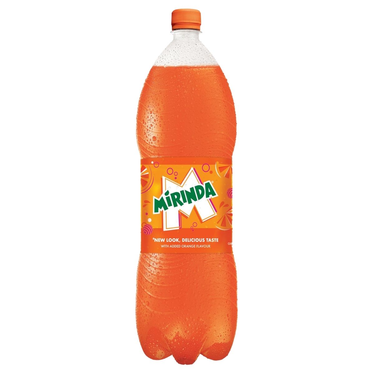 Orange Mirinda bottle with a white label on a white background