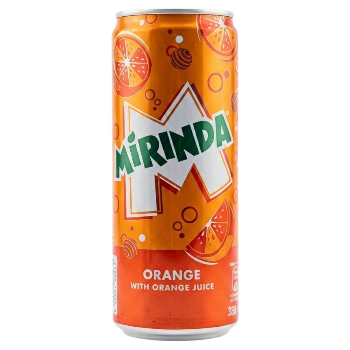 Mirinda orange soda can on a white background