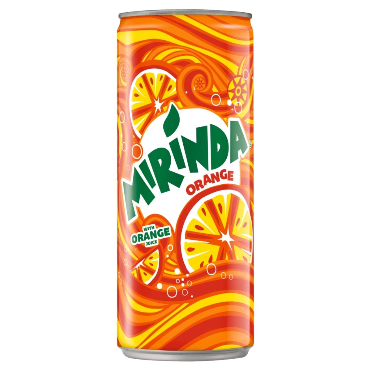 Mirinda - Orange Soda - 330ml can, adorned with a lively orange and yellow swirl design, showcasing orange slices and bubbles, and labeled "with orange juice.