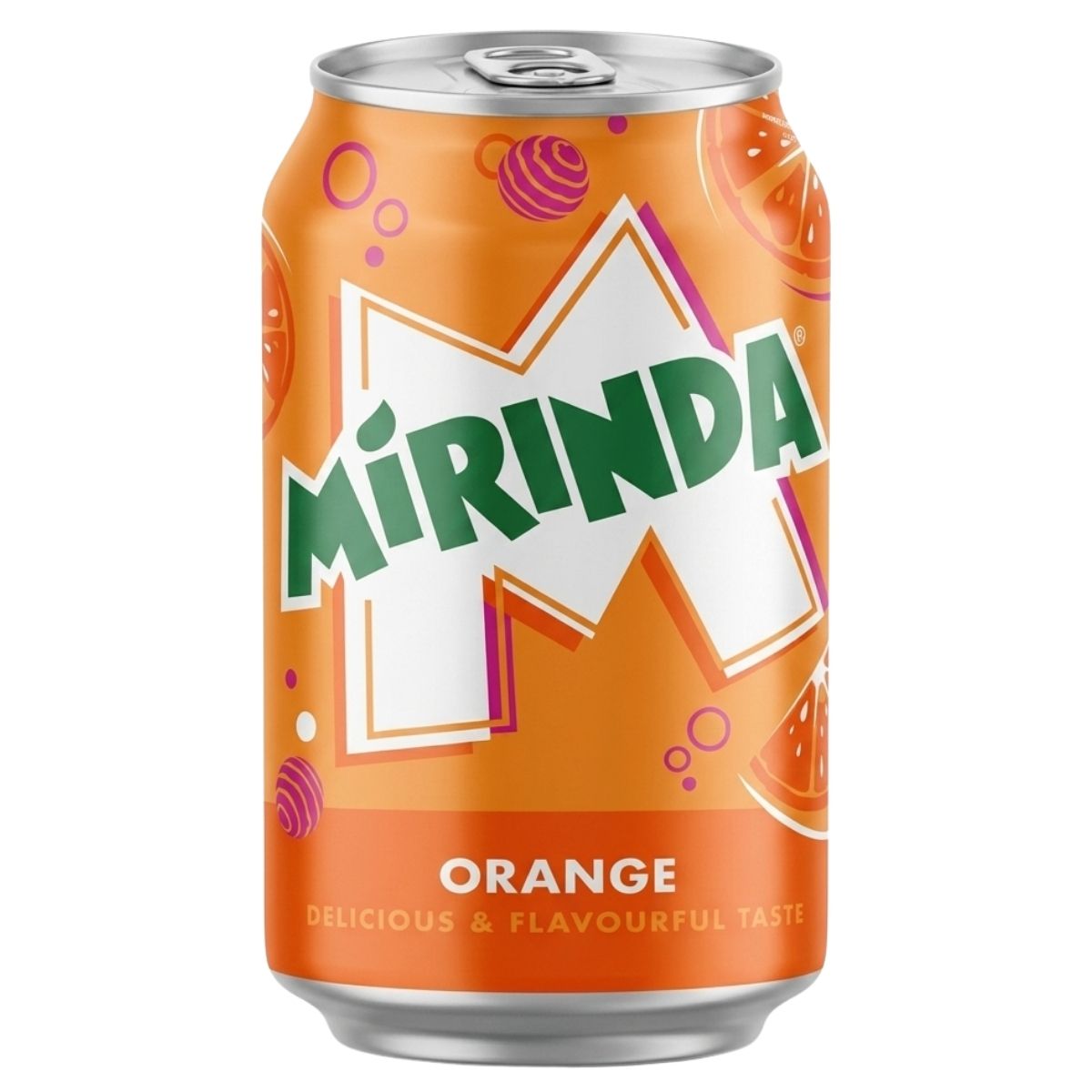 A 330ml can of Mirinda Orange Soda featuring an orange background, white Mirinda logo, and images of orange slices and bubbles.