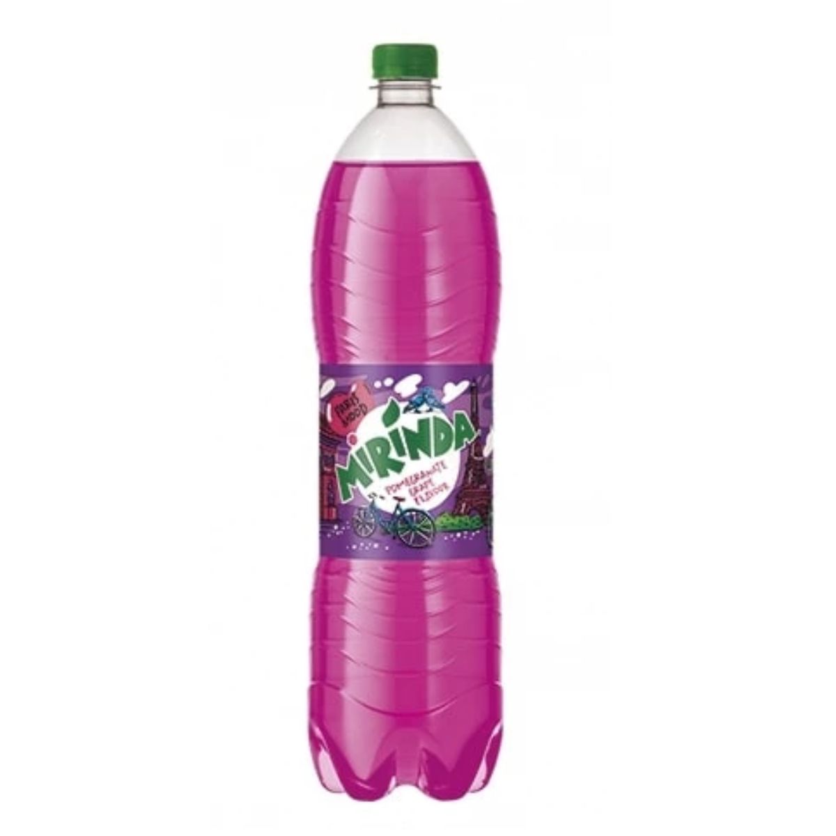 A plastic bottle of Mirinda - Pomegra & Grape Juice - 500ml with a purple liquid, featuring a colorful label with pomegranate and grape illustrations, and a bicycle.