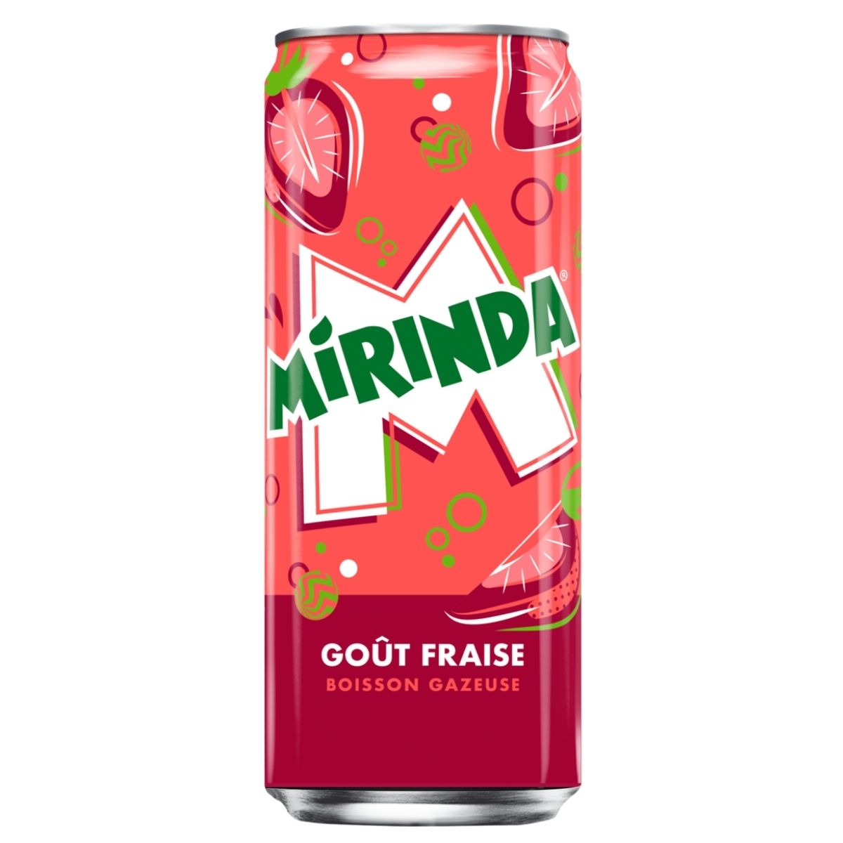 A 330ml can of Mirinda Strawberry Soda with a red design that showcases strawberries and fizzy bubbles.