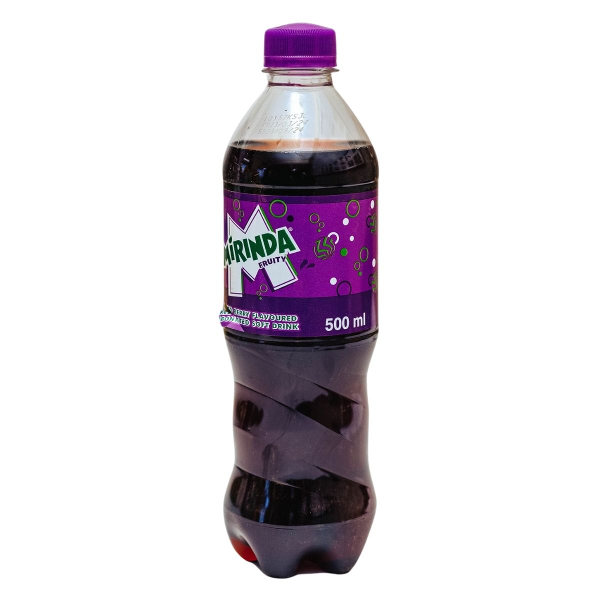 The 500ml Mirinda - Grape Flavour Bottle, featuring a purple label and cap, delivers a refreshing taste bursting with grape flavor.