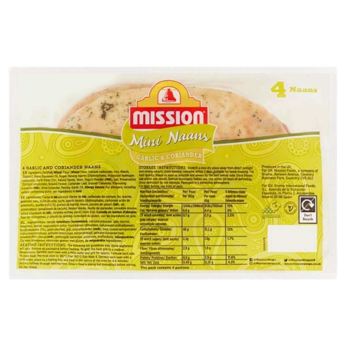 Packaged Mission Mint Naans with garlic and coriander flavor on a white background