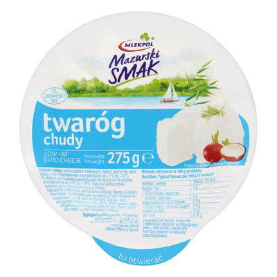 Round lid of Mlekpol Cottage Cheese 0% Fat, 275g, with a blue and white label, product image, and Polish/English text. A high-protein dairy option by Mlekpol.