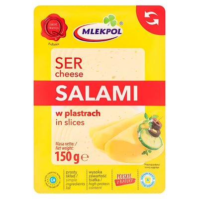 Mlekpol - Salami Cheese - 150g comes in yellow packaging featuring cheese slices with garnish. Enjoy its rich, smoky flavor, ideal for sandwiches or snacks.