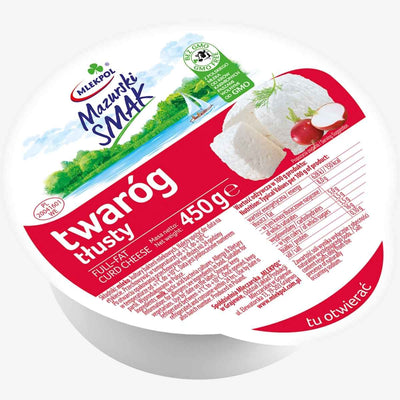 Mlekpol - Thick Cottage Cheese, 450g container. The label displays nutritional details with images of creamy cheese and fresh radish.