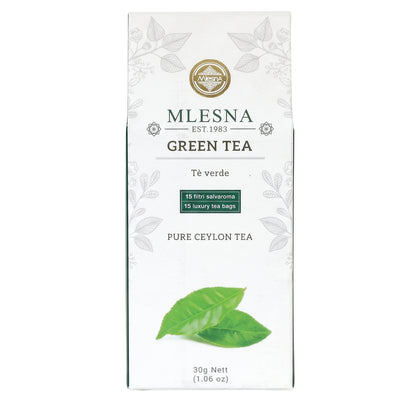Mlesna - Pure Ceylon Green Tea - 15 Tea Bags box featuring two tea leaves and text stating “15 luxury tea bags” and “Pure Ceylon Tea.”