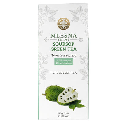 Rectangular box of Mlesna - Pure Ceylon Soursop Green Tea - 15 Tea Bags featuring illustrations of a whole and sliced soursop fruit.