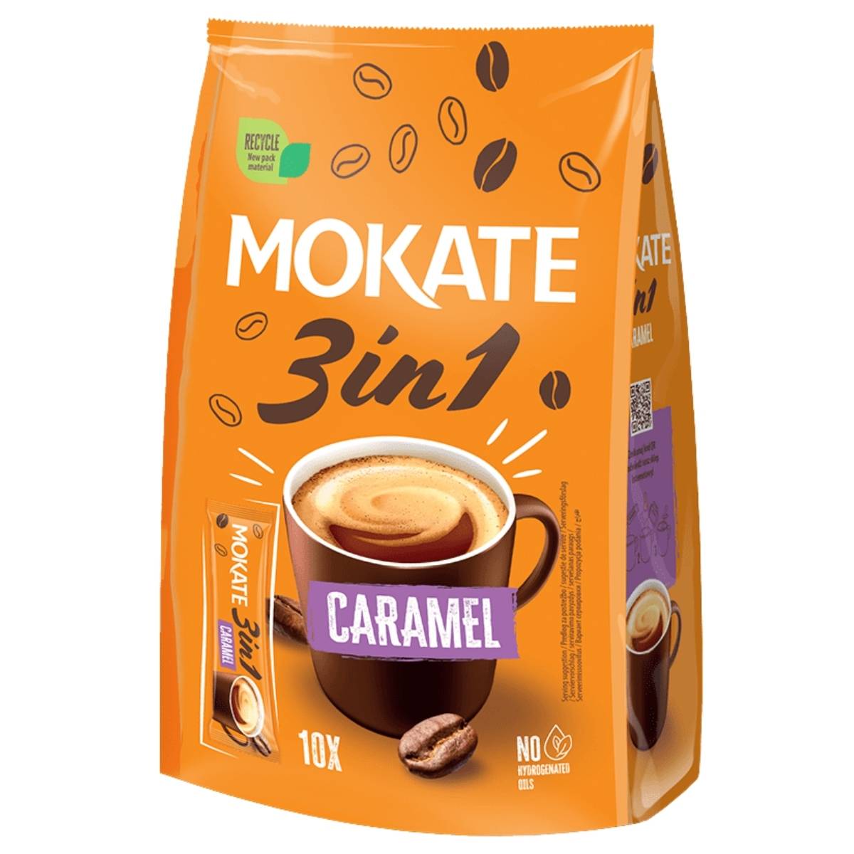 A pack of Mokate 3 in 1 Caramel Instant Coffee Sachets (17g x 10), showing a caramel coffee cup, caramel label, and 10 single-serve sachets on the front.