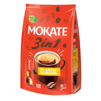 A pack of Mokate - 3 in 1 Classic Instant Coffee Sachets (17g x 10) offers rich instant coffee in convenient single-serve sachets.