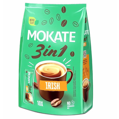 A green pack of Mokate - 3 in 1 Irish Cream Instant Coffee Sachets (17g x 10), featuring a cup of Irish Cream coffee, coffee beans, and a label for 10 servings.