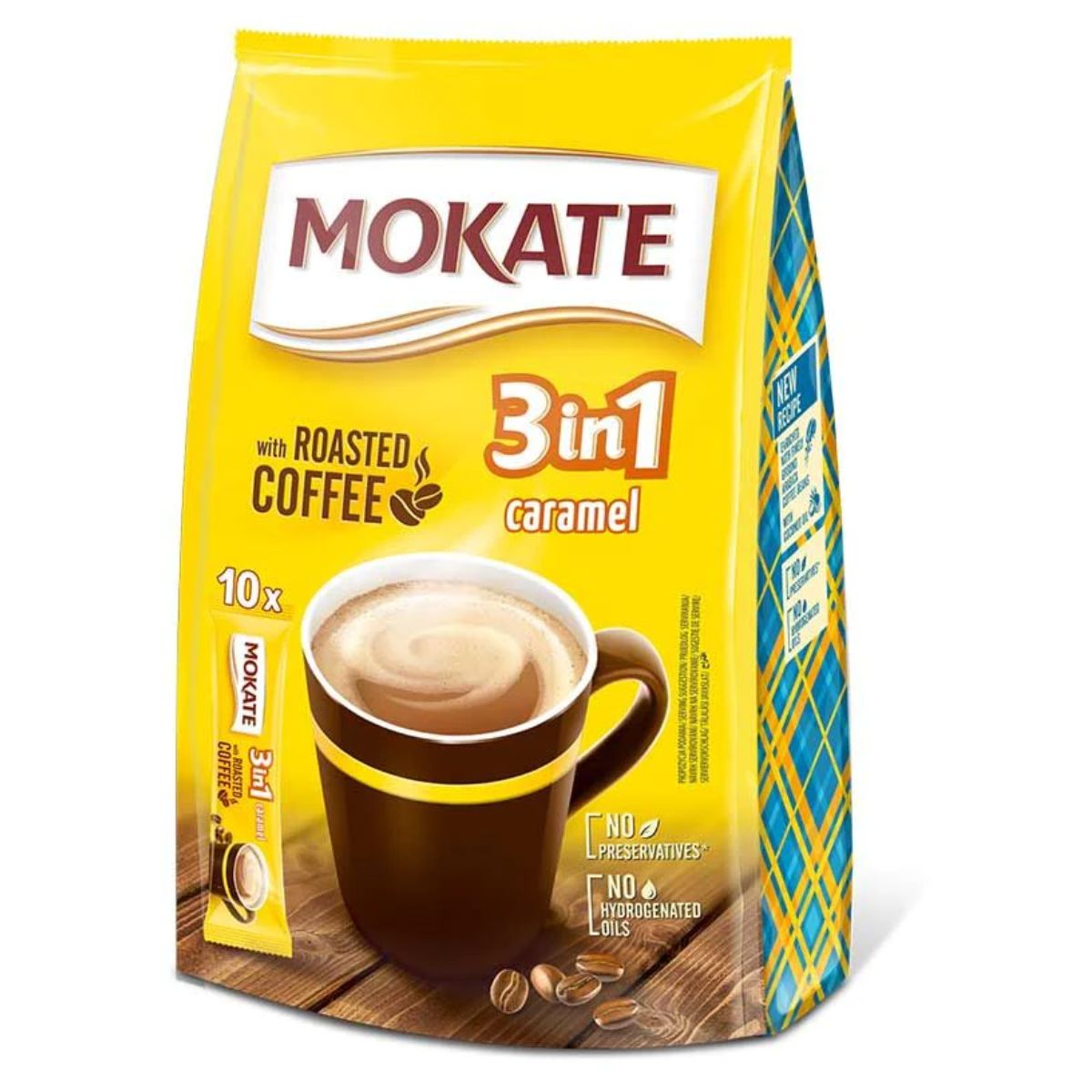 A package of Mokate - 3 in 1 Roasted Coffee Caramel - 10pcs instant coffee mix with roasted coffee, displaying 10 sachets and no preservatives or hydrogenated oils.