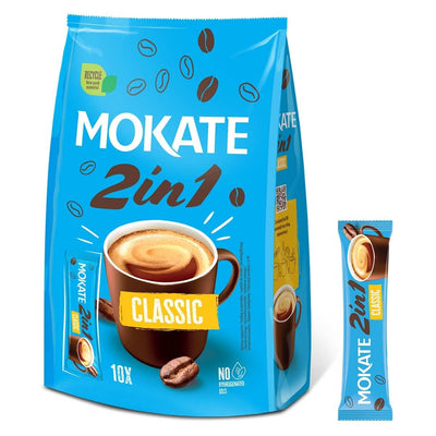 A blue pack of Mokate 2 in 1 Classic Instant Coffee Sachets (17g x 10), featuring a cup of coffee, a coffee bean, and a single sachet beside the bag.