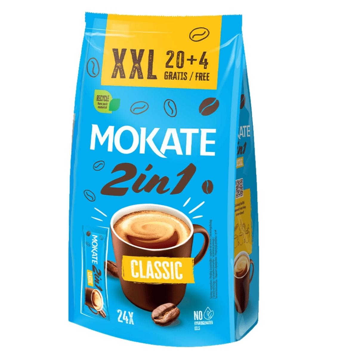 The "Mokate - Classic 2 in 1 Instant Coffee - 24 Pack" packaging showcases a steaming coffee cup and beans, emphasizing the rich blend of coffee and creamer. The label clearly states "XXL 20+4 Gratis/Free," offering a total of 24 convenient sachets.