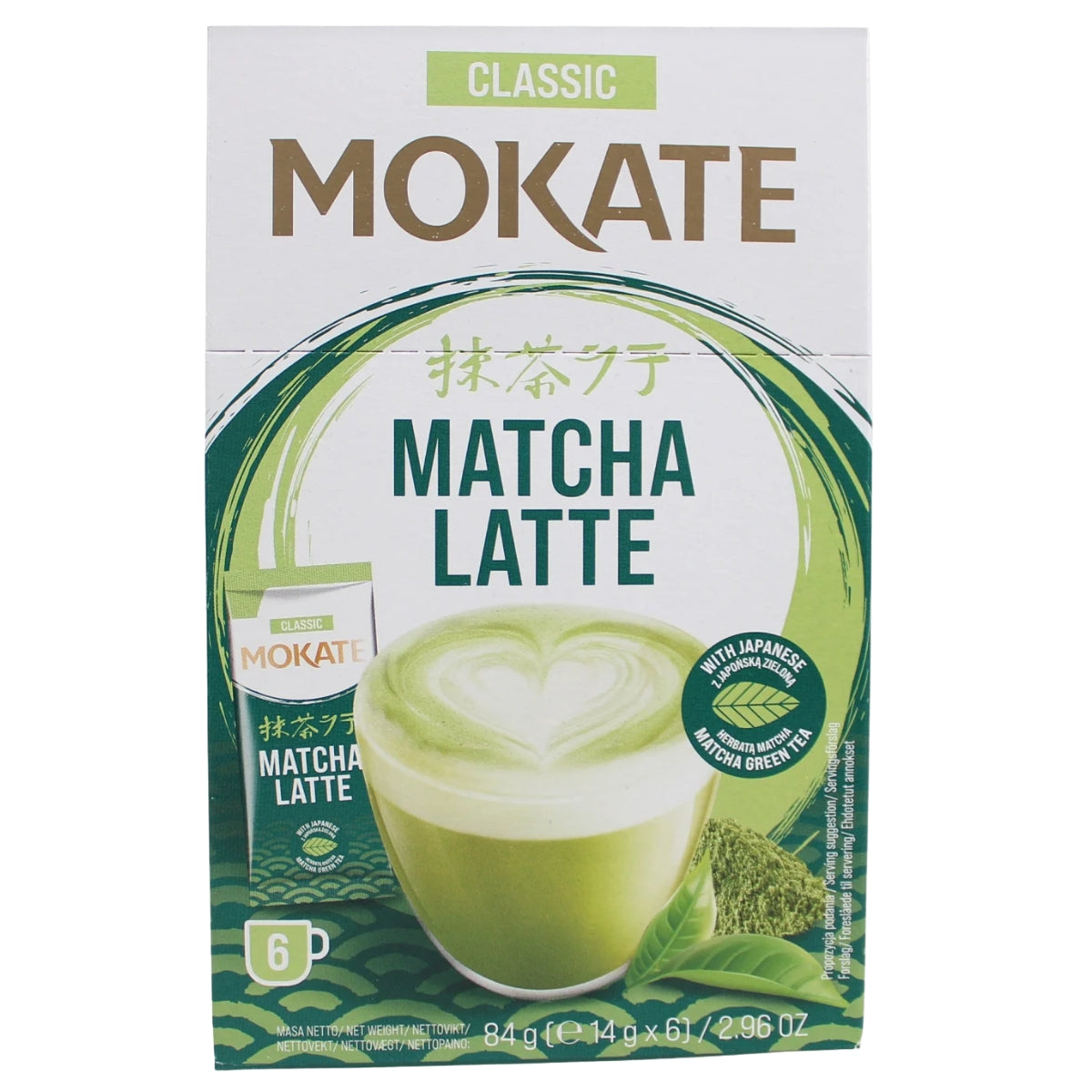 A package of MOKATE Classic Matcha Latte, featuring a white box with green and brown branding, an illustration of a matcha latte with heart-shaped latte art, and a small inset showing an individual packet.