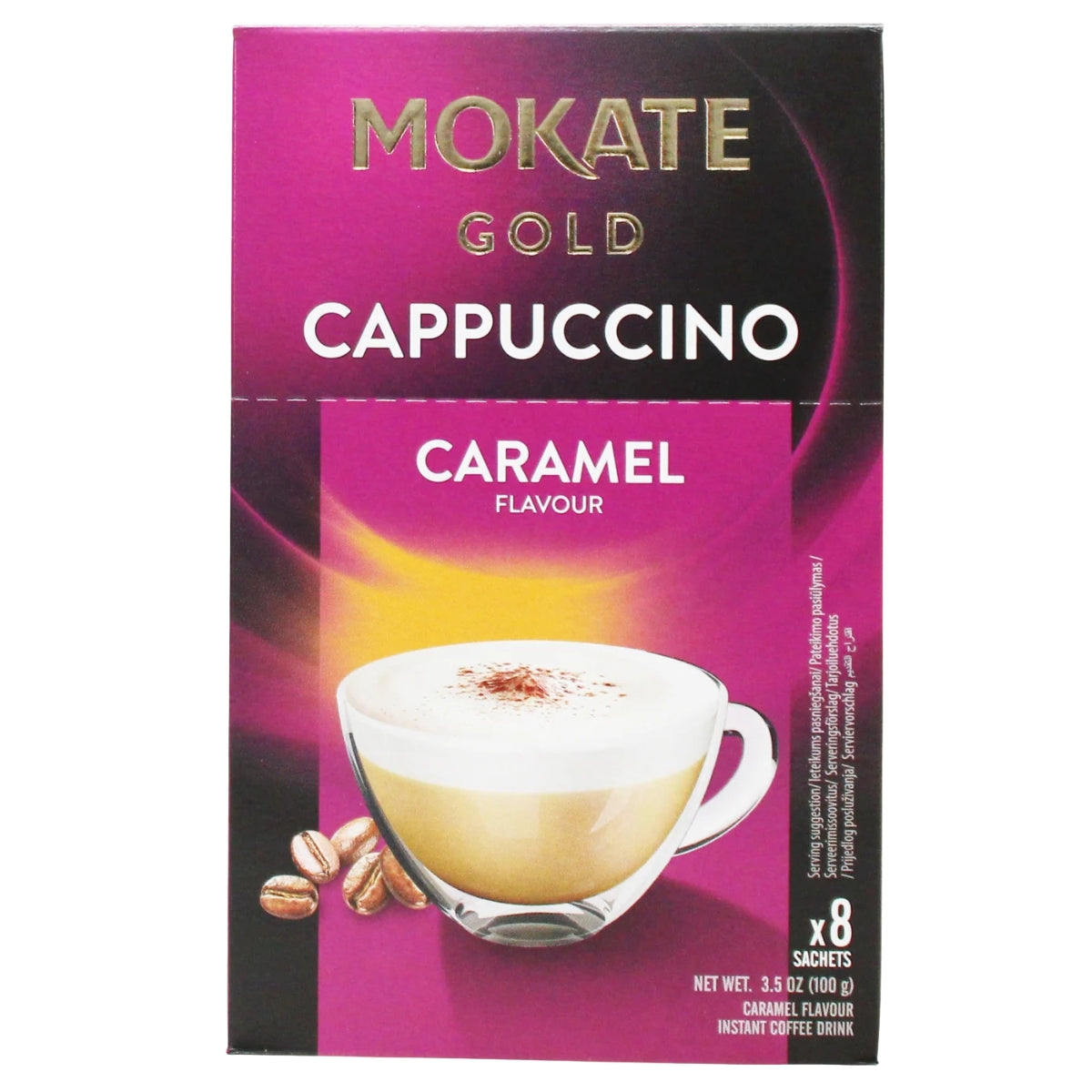 A box of Mokate Gold Caramel Flavour Cappuccino, featuring an image of a cappuccino in a glass cup with coffee beans, contains 8 convenient sachets for an indulgent instant caramel cappuccino experience.