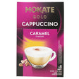 A box of Mokate Gold Caramel Flavour Cappuccino, featuring an image of a cappuccino in a glass cup with coffee beans, contains 8 convenient sachets for an indulgent instant caramel cappuccino experience.