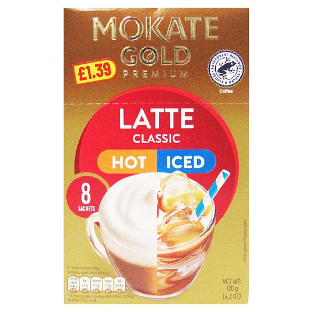 Front of a Mokate - Gold Hot/Iced Classic Latte box by Mokate, showing 8 sachets and a £1.39 price—ideal for classic latte fans who enjoy both hot and iced options.
