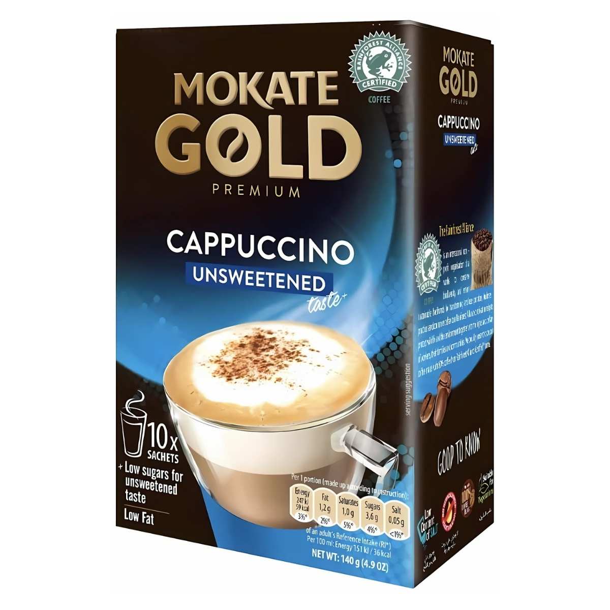 Box of Mokate - Gold Premium Cappuccino Unsweetened with 10 sachets, totaling 140g. Features a frothy cappuccino image and highlights low sugar and low fat content.