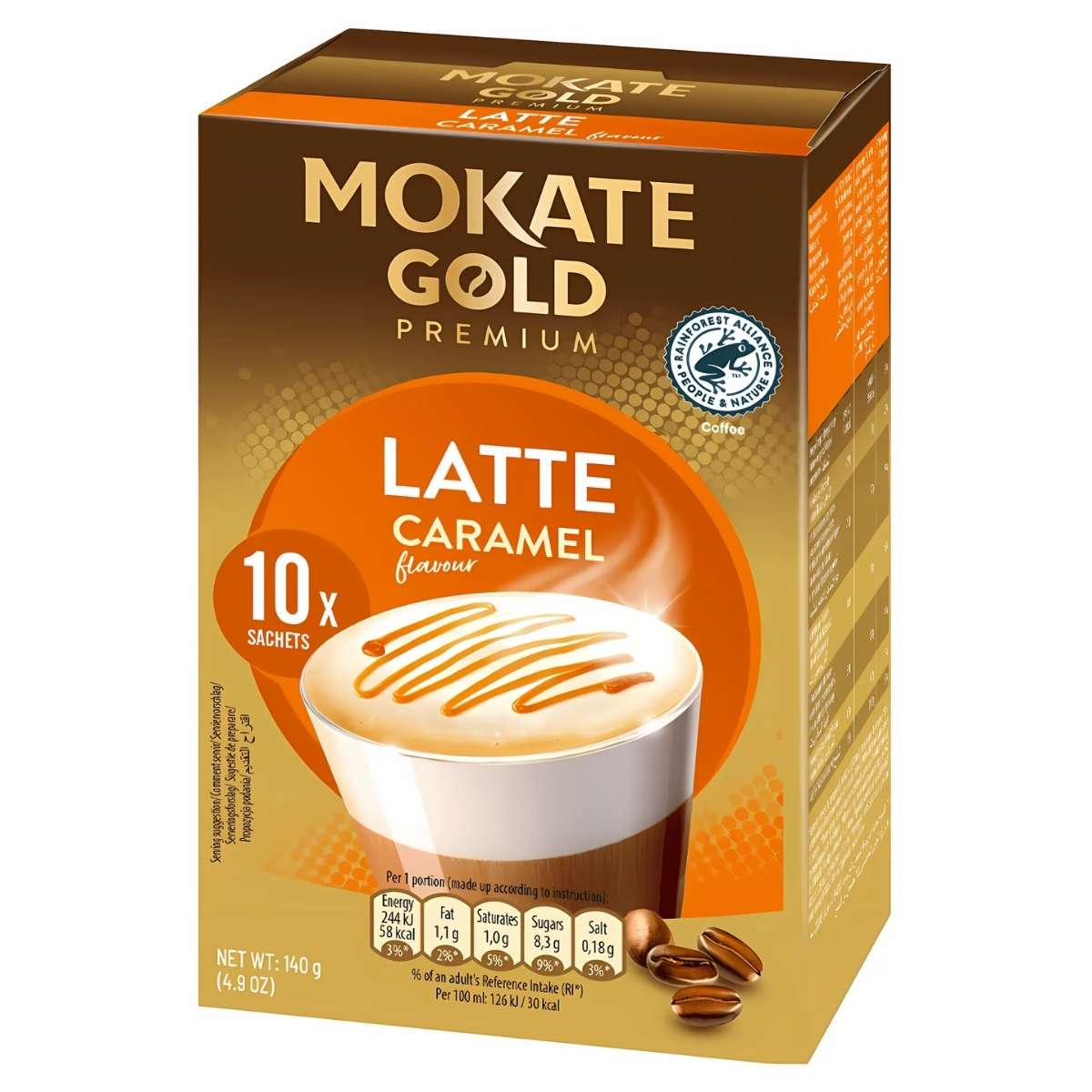 The Mokate - Gold Premium Caramel Latte - 10 Sachets box displays a steaming coffee cup graphic and product details on the front, offering the luxury of instant coffee with rich caramel notes in each sip.