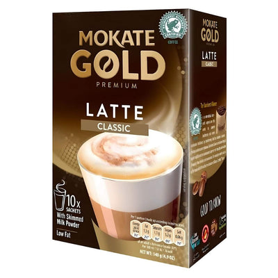 Box of Mokate - Gold Premium Classic Latte featuring an image of a latte with details, including 10 sachets and low-fat contents.