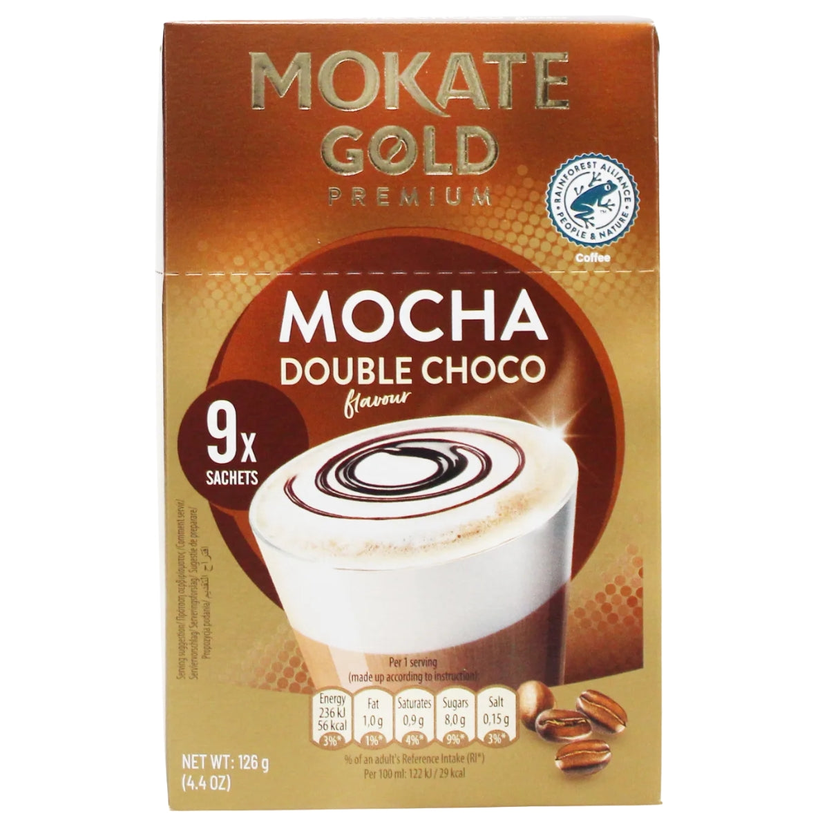 A box of Mokate Gold Premium Mocha Double Choco flavor, containing 9 sachets. The packaging features a rich brown and gold design with an illustration of a frothy coffee cup and coffee beans.