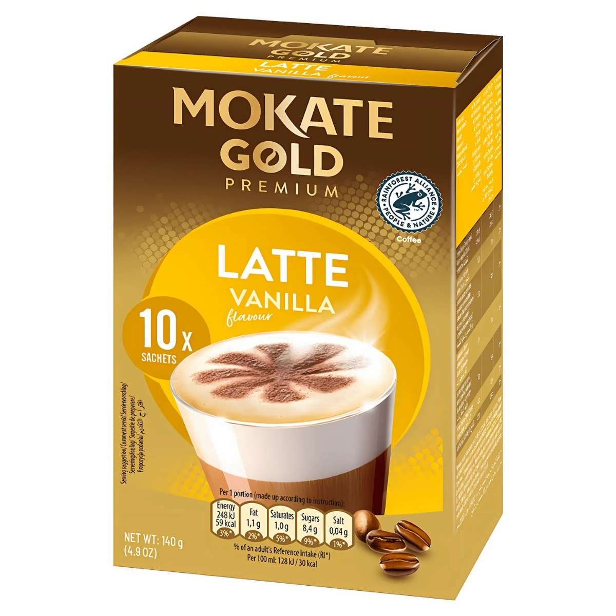 Mokate - Gold Premium Vanilla Latte comes in a box with 10 sachets, showcasing a vanilla latte image in a glass cup and coffee bean graphics on the packaging.