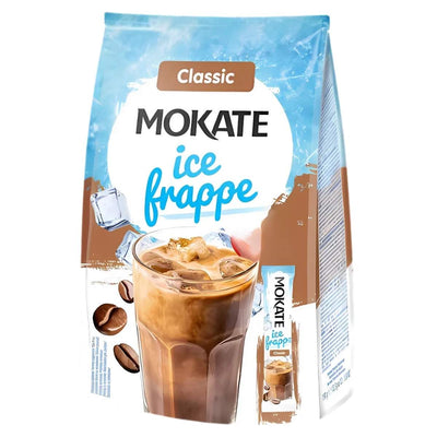 Mokate - Ice Frappe Classic 12 x 12.5g features a glass of iced coffee with ice cubes and coffee beans on the packaging, showcasing this refreshing instant coffee from Mokate.