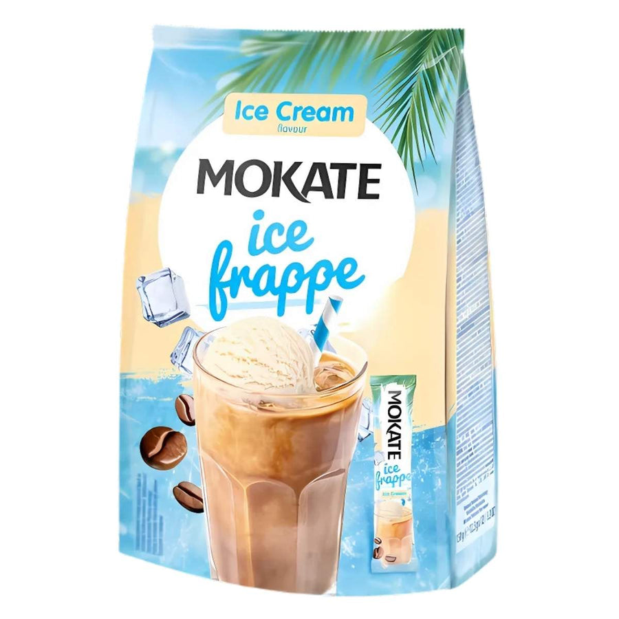 A pack of Mokate - Ice Frappe Ice Cream Flavour (12 x 12.5g) by Mokate, featuring an iced coffee image with instant coffee, ice cream, ice cubes, coffee beans, and a straw.