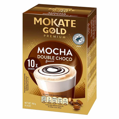 Mokate - Mocha Double Choco - 10 Sachets (140g): Enjoy a rich blend of coffee and chocolate with a creamy, caffeinated taste in every cup. Each box contains 10 sachets and clear product details on the front.