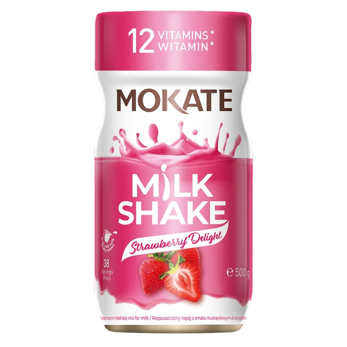 The Mokate - Strawberry Milkshake Powder Mix features a lively container decorated with an enticing strawberry graphic. Enriched with 12 vitamins, it provides 38 servings of delicious flavor in its 500g package.