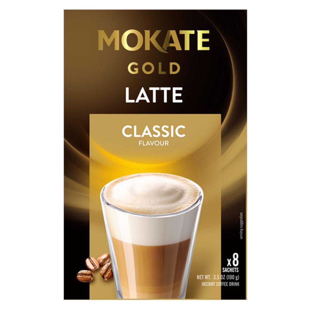 Box of Mokate - Coffee Latte Classic - 100g with 8 sachets offers a creamy delight at home; packaging displays a glass with layered latte and fresh coffee beans.