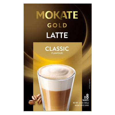 Box of Mokate - Coffee Latte Classic - 100g with 8 sachets offers a creamy delight at home; packaging displays a glass with layered latte and fresh coffee beans.