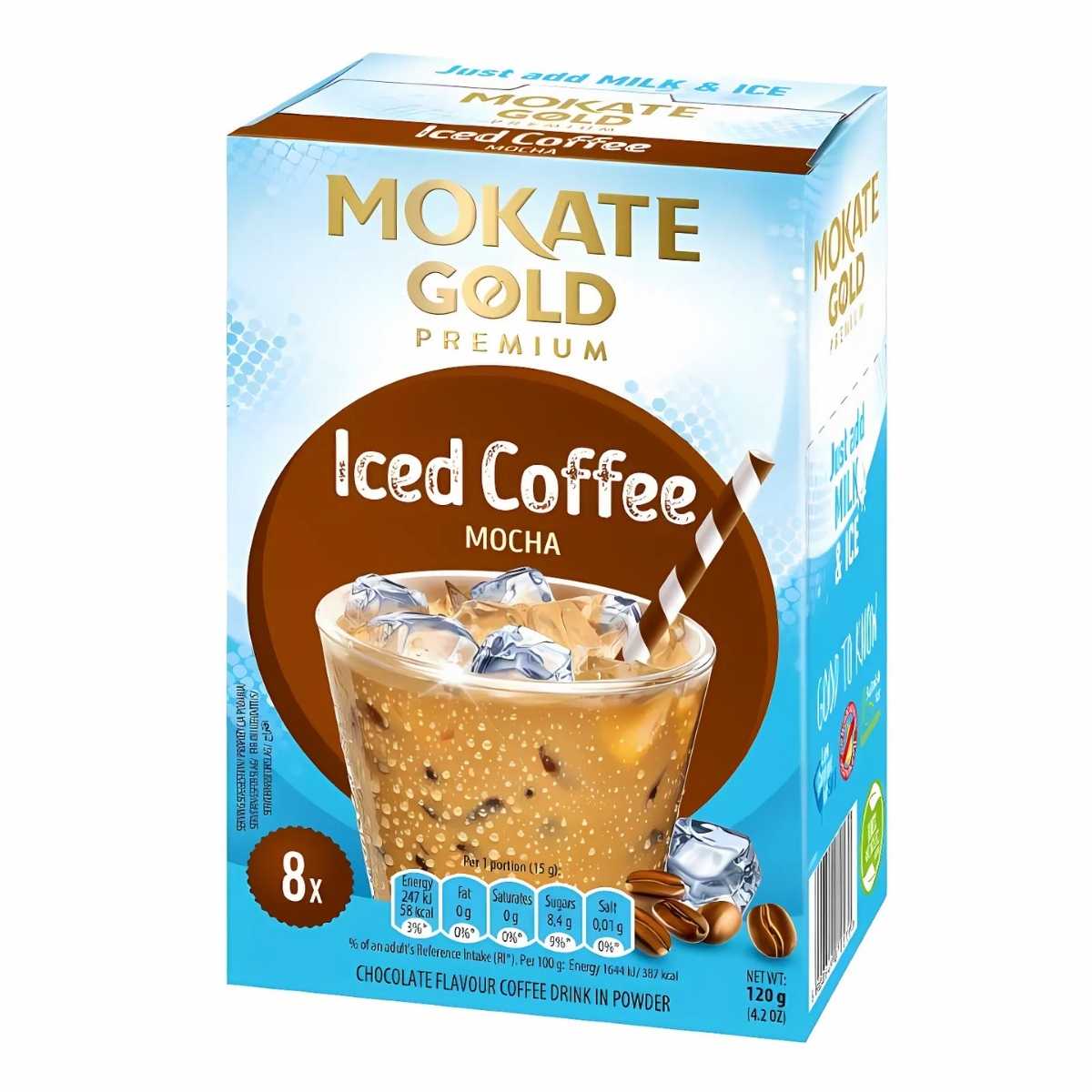 Mokate Gold - Mocha Iced Coffee, featuring indulgent ice cube and coffee bean graphics. Enjoy a refreshing blend with 8 servings, net weight 120g.