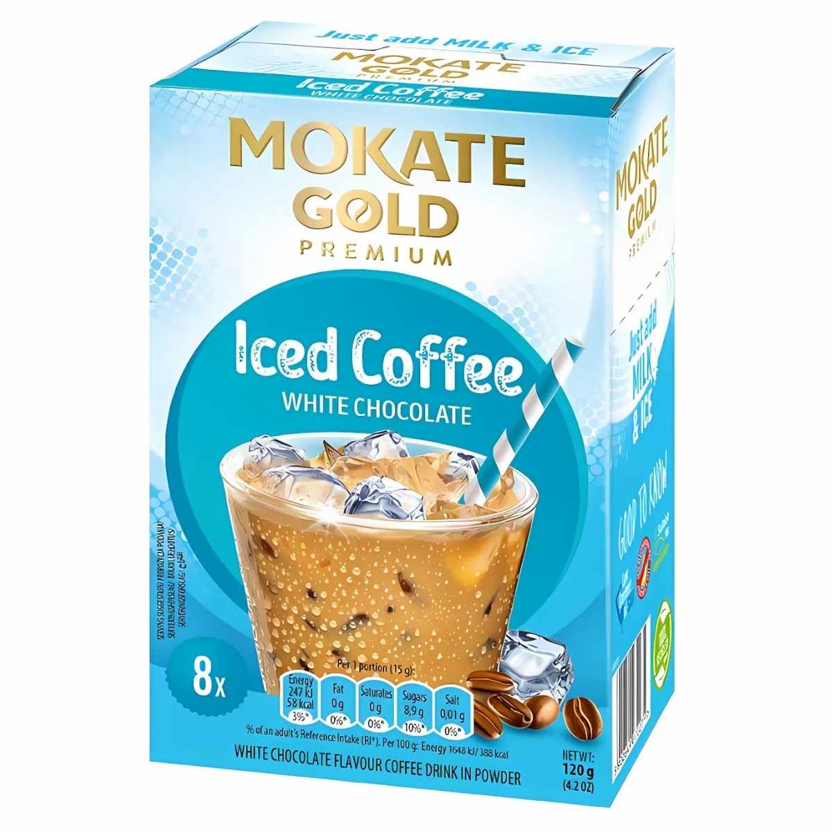 Box of Mokate Gold - White Chocolate Iced Coffee (120g), featuring an enticing image of a glass filled with iced coffee and ice cubes on the front.