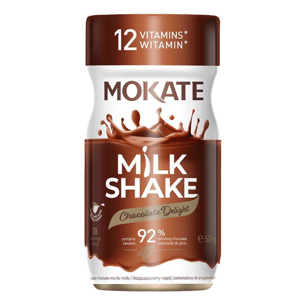 A container of Mokate Chocolate Milkshake Powder Mix, weighing 500g, offers a premium chocolate blend for a delightful dessert option. The label highlights its impressive 92% drinking chocolate content, 38 servings, and includes 12 essential vitamins for the ultimate chocolate milkshake experience.